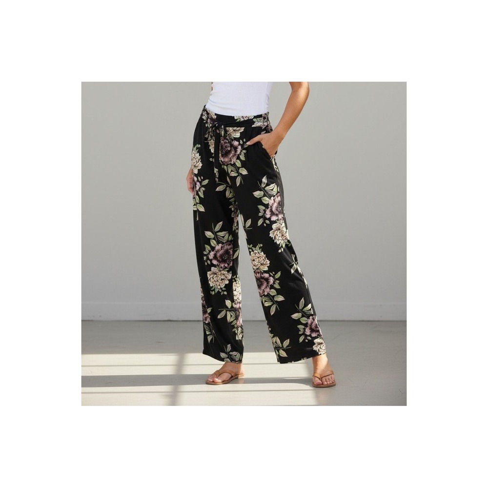 Charlotte Russe Floral Leg Pants Womens Large Black Pink Tie Waist Palazzo